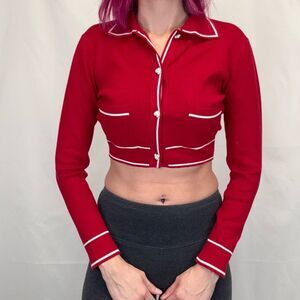 SHEIN Women’s Cropped Button Front Cardigan Red White Heart Buttons Size S